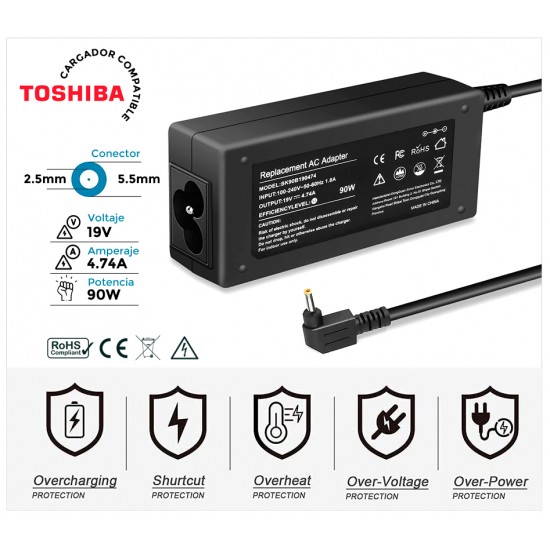 CARGADOR TOSHIBA COMPATIBLE | 19V / 4.74A | 5.5 x 2.5mm | 90W TOSHIBA 00150