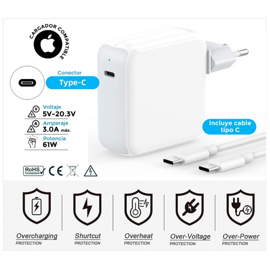 CARGADOR APPLE COMPATIBLE USB-C 61W ( INCLUYE CABLE TIPO C ) APPLE 06921M