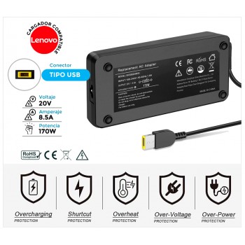 CARGADOR LENOVO COMPATIBLE | 20V / 8.5A |  SQUARE USB | 170W