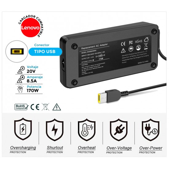 CARGADOR LENOVO COMPATIBLE | 20V / 8.5A | SQUARE USB | 170W LENOVO 12994