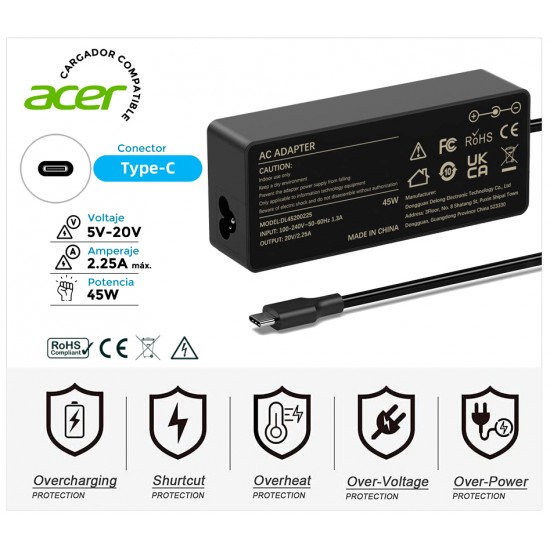 CARGADOR ACER COMPATIBLE USB-C 45W ACER 13250C