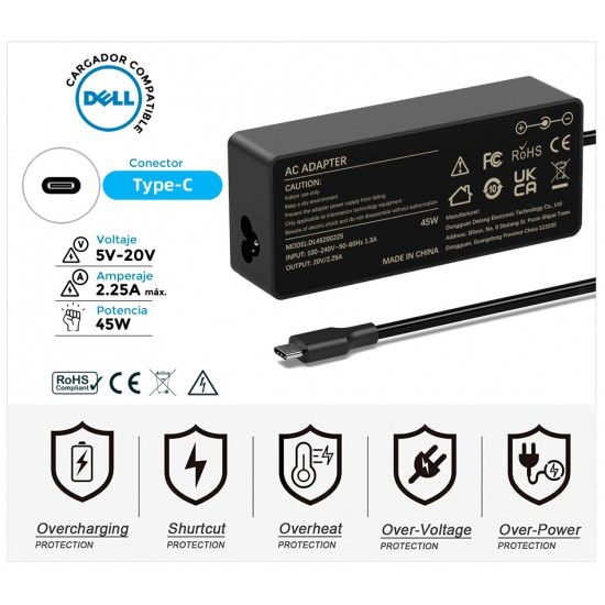 CARGADOR DELL COMPATIBLE USB-C 45W DELL 13250C