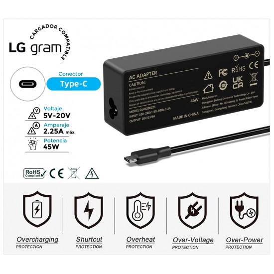 CARGADOR LG COMPATIBLE USB-C 45W LG 13250C