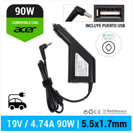 CARGADOR DE COCHE ACER | 19V / 4.74A | 5.5 x 1.7mm | 90W ACER 09522