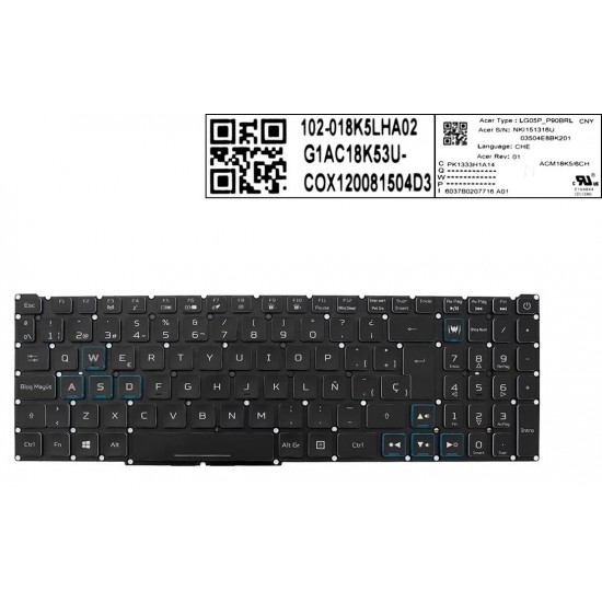 TECLADO ESPAÑOL ACER NITRO 5 AN515-43 AN515-54 NITRO 7 AN715-51 SERIES SIN MARCO RETROILUMINADO AZUL | SP NKI151316U LG05P-P90BRL 03504E78K201 JIT SF-2196 DG 002-18K36LHE01+ 55CH0335 ACER 12442