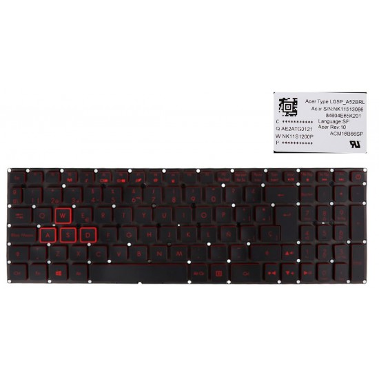 TECLADO ESPAÑOL ACER NITRO 5 AN515-51 AN515-52 AN515-53 AN515-41 AN515-42 SERIES SIN MARCO RETROILUMINADO ROJO | LG5P_A52BRL CNY NKI151306B G5P_A53BRL CNY NKI151306FT ACER 12748
