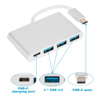 ADAPTADOR USB 3.1 TIPO C A HUB CON 3 PUERTOS USB 3.0 Y PUERTO USB TIPO C | COLOR PLATA / SILVER