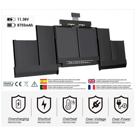 BATERIA APPLE A1618 COMPATIBLE MACBOOK PRO RETINA 15 A1398  ( MEDIADOS 2015 ) 11.36V · 6755mAh / 99.5Wh