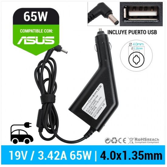 CARGADOR DE COCHE ASUS| 19V / 3.42A | 4.0 x 1.35mm | 65W ASUS 09526