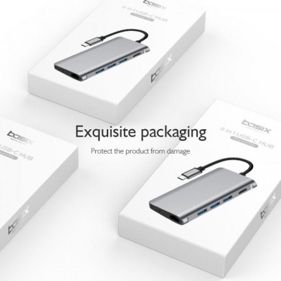 ADAPTADOR 8 EN 1 TIPO C A HUB CON PUERTOS USB-C / USB 3.0 / HDMI / SD / TF / RJ45 | BASIX BYL-2010N3 BASIX 13018