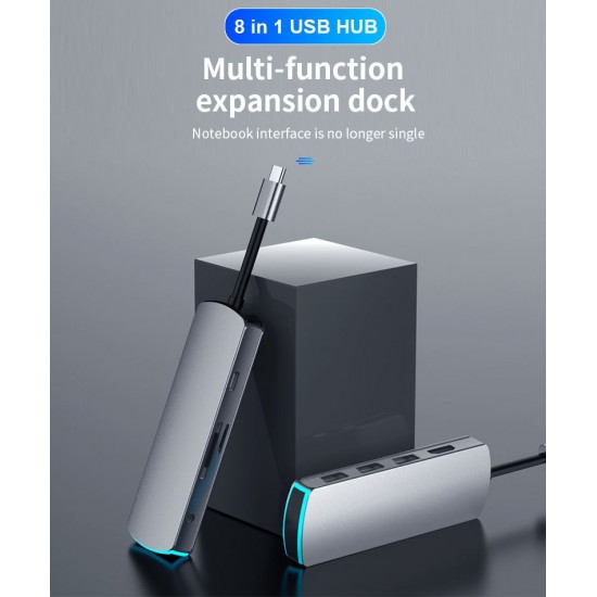 ADAPTADOR 8 EN 1 TIPO C A HUB CON PUERTOS TIPO C / PD / USB3.0 / HDMI / SD / TF / AUDIO | BASIX MATE 8 BASIX 12990