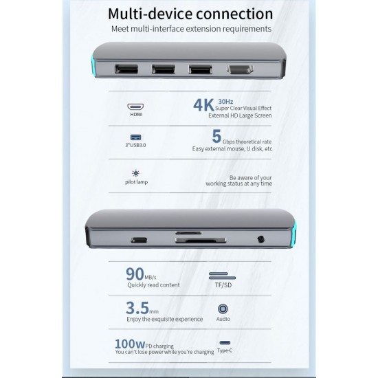 ADAPTADOR 8 EN 1 TIPO C A HUB CON PUERTOS TIPO C / PD / USB3.0 / HDMI / SD / TF / AUDIO | BASIX MATE 8 BASIX 12990