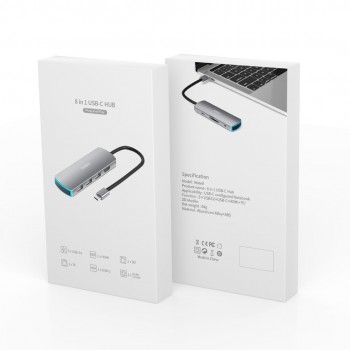 ADAPTADOR 8 EN 1 TIPO C A HUB CON PUERTOS TIPO C / PD /  USB3.0 / HDMI / SD / TF / AUDIO | BASIX MATE 8