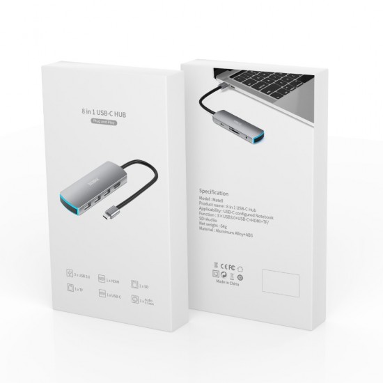 ADAPTADOR 8 EN 1 TIPO C A HUB CON PUERTOS TIPO C / PD / USB3.0 / HDMI / SD / TF / AUDIO | BASIX MATE 8 BASIX 12990