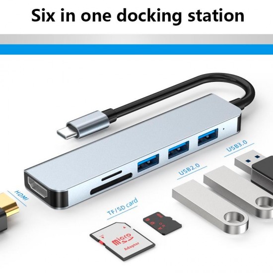 ADAPTADOR 6 EN 1 TIPO C A HUB CON PUERTOS USB2.0 / USB3.0 / HDMI / SD / TF | BASIX BYL-2010N3 BASIX 13016
