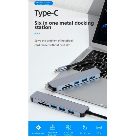 ADAPTADOR 6 EN 1 TIPO C A HUB CON PUERTOS USB2.0 / USB3.0 / HDMI / SD / TF | BASIX BYL-2010N3 BASIX 13016