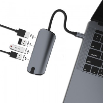 ADAPTADOR 8 EN 1 TIPO C A HUB CON PUERTOS USB-C / USB 3.0 / HDMI / SD / TF / RJ45 | BASIX BYL-2010N3