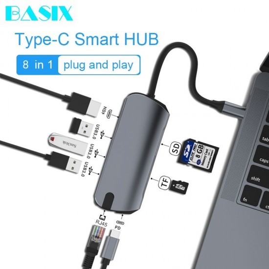 ADAPTADOR 8 EN 1 TIPO C A HUB CON PUERTOS USB-C / USB 3.0 / HDMI / SD / TF / RJ45 | BASIX BYL-2010N3 BASIX 13018