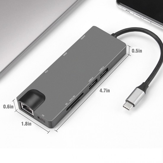 ADAPTADOR 8 EN 1 TIPO C A HUB CON PUERTOS USB-C / USB 3.0 / HDMI / SD / TF / RJ45 | BASIX BYL-2010N3 BASIX 13018