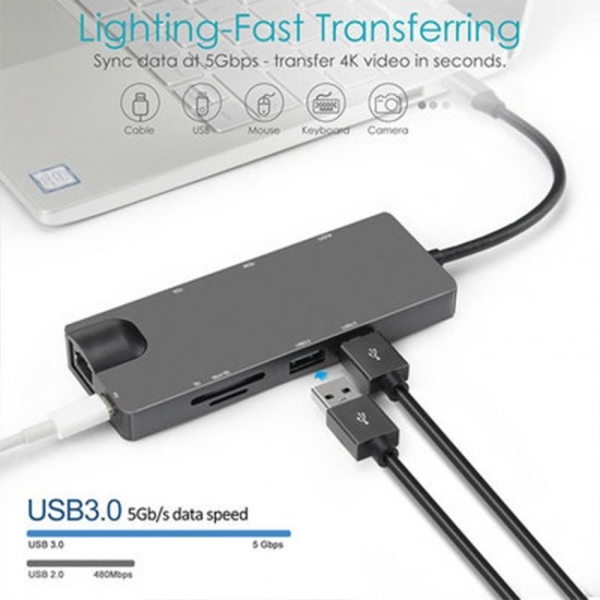 ADAPTADOR 8 EN 1 TIPO C A HUB CON PUERTOS USB-C / USB 3.0 / HDMI / SD / TF / RJ45 | BASIX BYL-2010N3 BASIX 13018