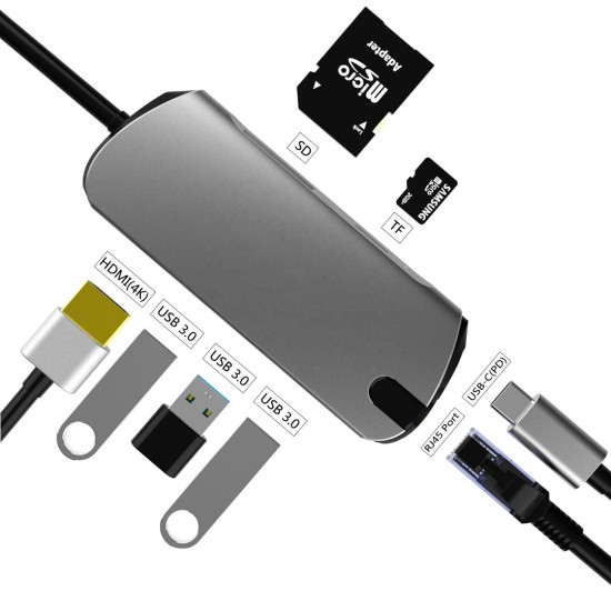 ADAPTADOR 8 EN 1 TIPO C A HUB CON PUERTOS USB-C / USB 3.0 / HDMI / SD / TF / RJ45 | BASIX BYL-2010N3 BASIX 13018
