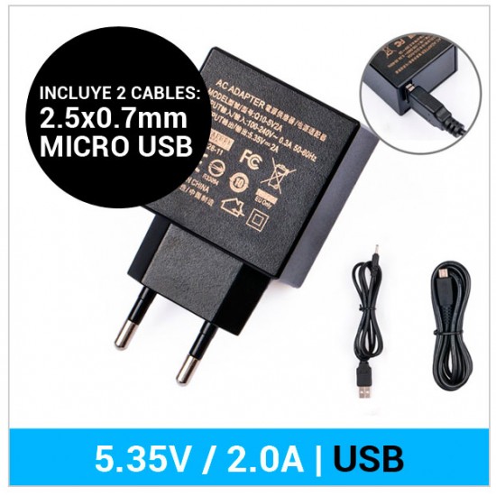 CARGADOR USB 5.35V / 2A | 10.7W | Micro USB | 2.5x0.7mm KFD 04363
