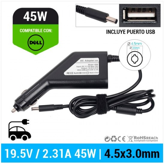 CARGADOR DE COCHE DELL | 19.5V / 2.31A | 4.5 x 3.0mm | 45W DELL 09530