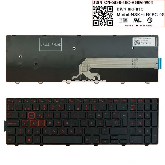 TECLADO ESPAÑOL DELL INSPIRON 15-5000 17-5000 GAMING SERIES | NEGRO CON MARCO LETRAS ROJAS | 0KF83C DELL 08366