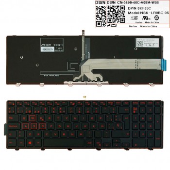 TECLADO ESPAÑOL DELL INSPIRON 15-5000 17-5000 GAMING SERIES | NEGRO CON MARCO LETRAS ROJAS RETROILUMINADO | 0KF83C