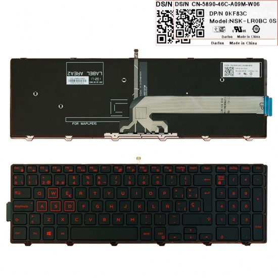 TECLADO ESPAÑOL DELL INSPIRON 15-5000 17-5000 GAMING SERIES | NEGRO CON MARCO LETRAS ROJAS RETROILUMINADO | 0KF83C DELL 08368