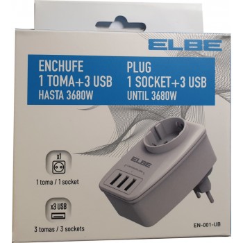 ENCHUFE CON 1 TOMA + 3 PUERTOS USB HASTA 3680W | ELBE EN-001-UB