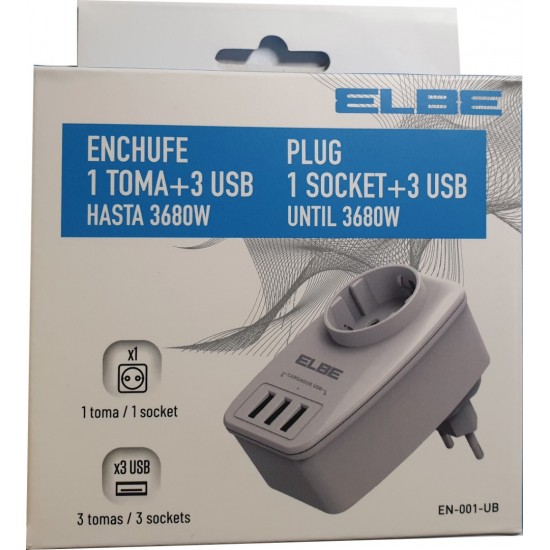 ENCHUFE CON 1 TOMA + 3 PUERTOS USB HASTA 3680W | ELBE EN-001-UB ELBE 32002