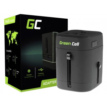 ADAPTADOR DE VIAJE UNIVERSAL GREEN CELL CON DOS PUERTOS USB PARA CLAVIJA EU UK US AU | 100-240V 6A