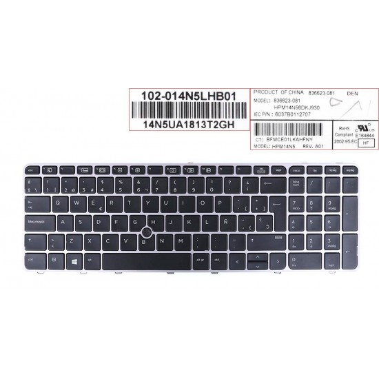 TECLADO ESPAÑOL HP ELITEBOOK 850 G3 850 G4 755 G3 755 G4 SERIES CON MARCO COLOR PLATA/SILVER SIN RETROILUMINACION NI POINTSTICK | 836623-001 819899-001