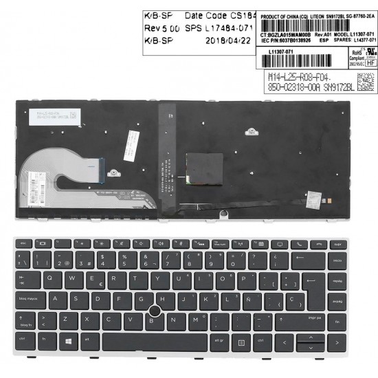 TECLADO ESPAÑOL HP ELITEBOOK 840 G5 SERIES CON MARCO GRIS RETROILUMINADO Y CON POINTSTICK · L14377-161 L11307-07 L17484-071
