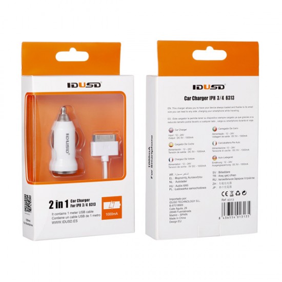 CARGADOR COCHE USB IPHONE 3/4 | BLANCO IDUSD 04718