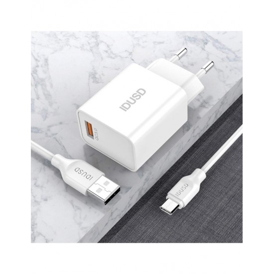 CARGADOR RÁPIDO QC3.0 3.0A 18W + TURBO CABLE TIPO C 1.2M IDUSD D53B IDUSD 10452