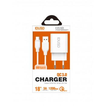 CARGADOR RÁPIDO QC3.0 3.0A 18W + TURBO CABLE TIPO C 1.2M IDUSD D53B