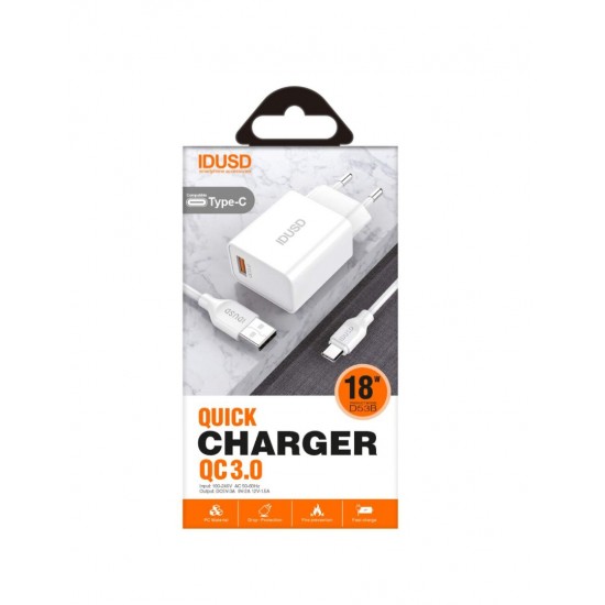 CARGADOR RÁPIDO QC3.0 3.0A 18W + TURBO CABLE TIPO C 1.2M IDUSD D53B IDUSD 10452