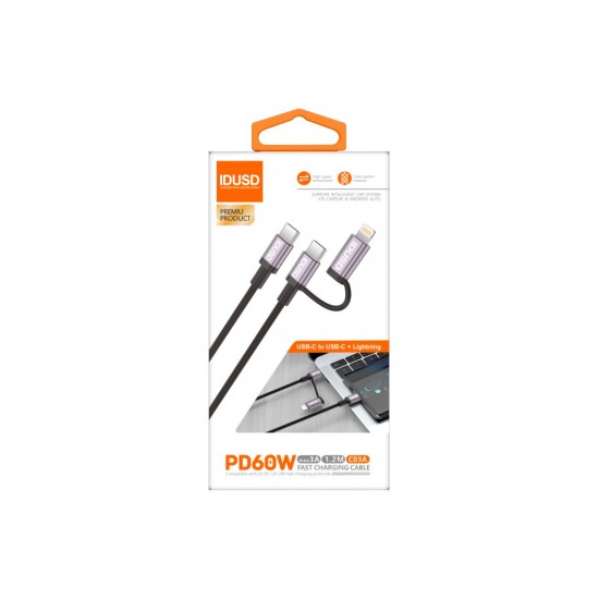 CABLE DE CARGA MULTIPLE 2 EN 1 LIGHTNING + USB TIPO C 1.2M 3.0A COLOR NEGRO | C03A IDUSD 34216
