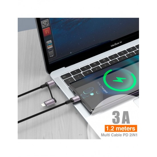 CABLE DE CARGA MULTIPLE 2 EN 1 LIGHTNING + USB TIPO C 1.2M 3.0A COLOR NEGRO | C03A IDUSD 34216