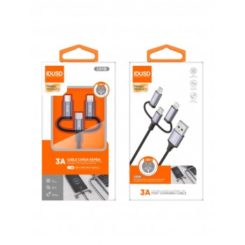 CABLE DE CARGA MULTIRAPIDA 3 EN 1 LIGHTNING + MICRO USB + USB TIPO C 1.2M 3.0A COLOR NEGRO | C01A