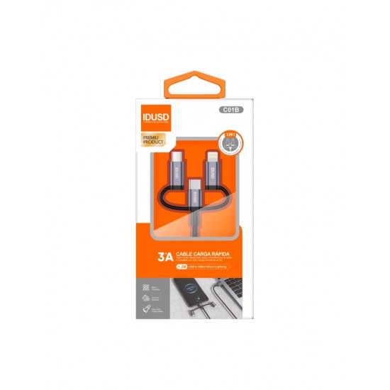 CABLE DE CARGA MULTIRAPIDA 3 EN 1 LIGHTNING + MICRO USB + USB TIPO C 1.2M 3.0A COLOR NEGRO | C01A IDUSD 34214