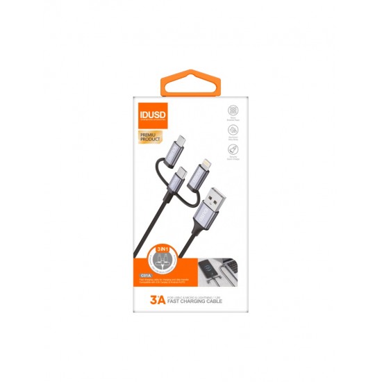 CABLE DE CARGA MULTIRAPIDA 3 EN 1 LIGHTNING + MICRO USB + USB TIPO C 1.2M 3.0A COLOR NEGRO | C01A IDUSD 34214