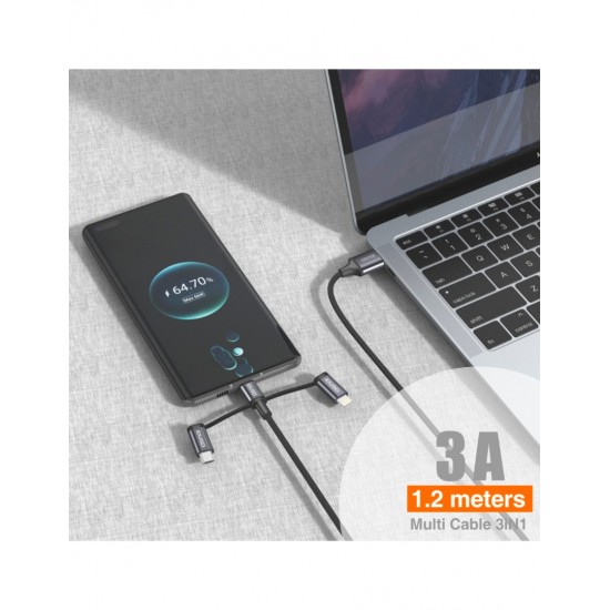 CABLE DE CARGA MULTIRAPIDA 3 EN 1 LIGHTNING + MICRO USB + USB TIPO C 1.2M 3.0A COLOR NEGRO | C01A IDUSD 34214
