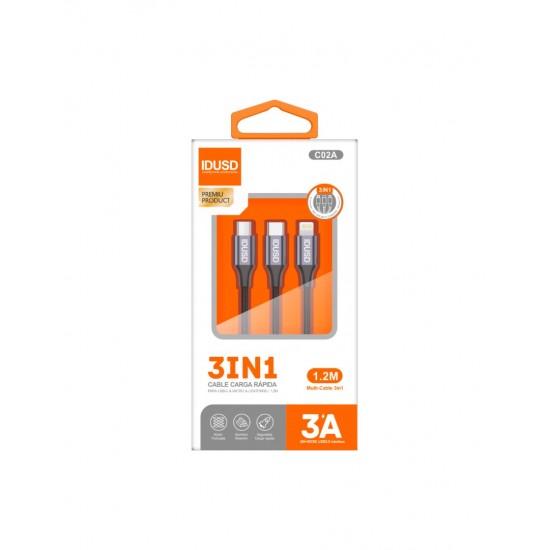 CABLE DE CARGA MULTIPLE EN 1 LIGHTNING + MICRO USB + USB TIPO C 1.2M 3.0A COLOR NEGRO | C02A IDUSD 34215