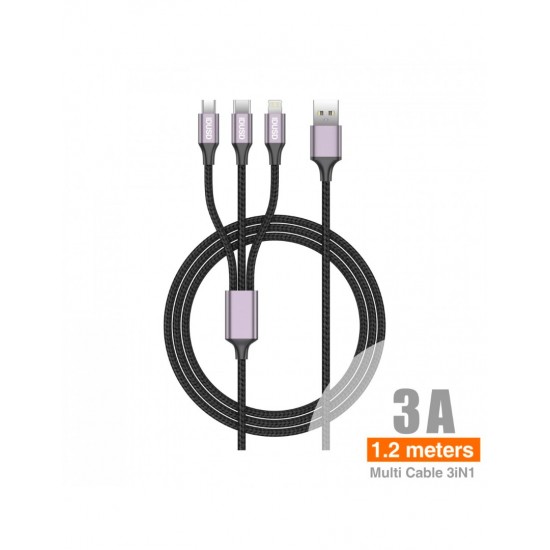 CABLE DE CARGA MULTIPLE EN 1 LIGHTNING + MICRO USB + USB TIPO C 1.2M 3.0A COLOR NEGRO | C02A IDUSD 34215