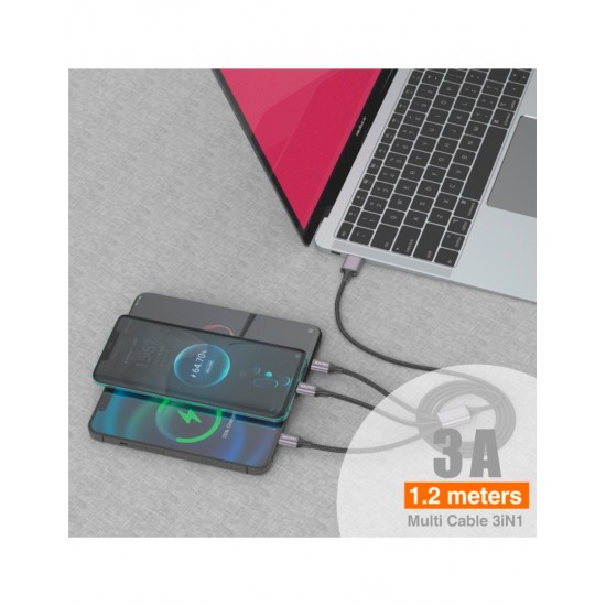 CABLE DE CARGA MULTIPLE EN 1 LIGHTNING + MICRO USB + USB TIPO C 1.2M 3.0A COLOR NEGRO | C02A IDUSD 34215