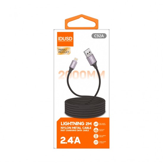 CABLE NYLON TRENZADO LIGHTNING 2M 2.4A COLOR NEGRO | C92A IDUSD 32071