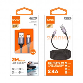 CABLE NYLON TRENZADO LIGHTNING 2M 2.4A COLOR NEGRO | C92A